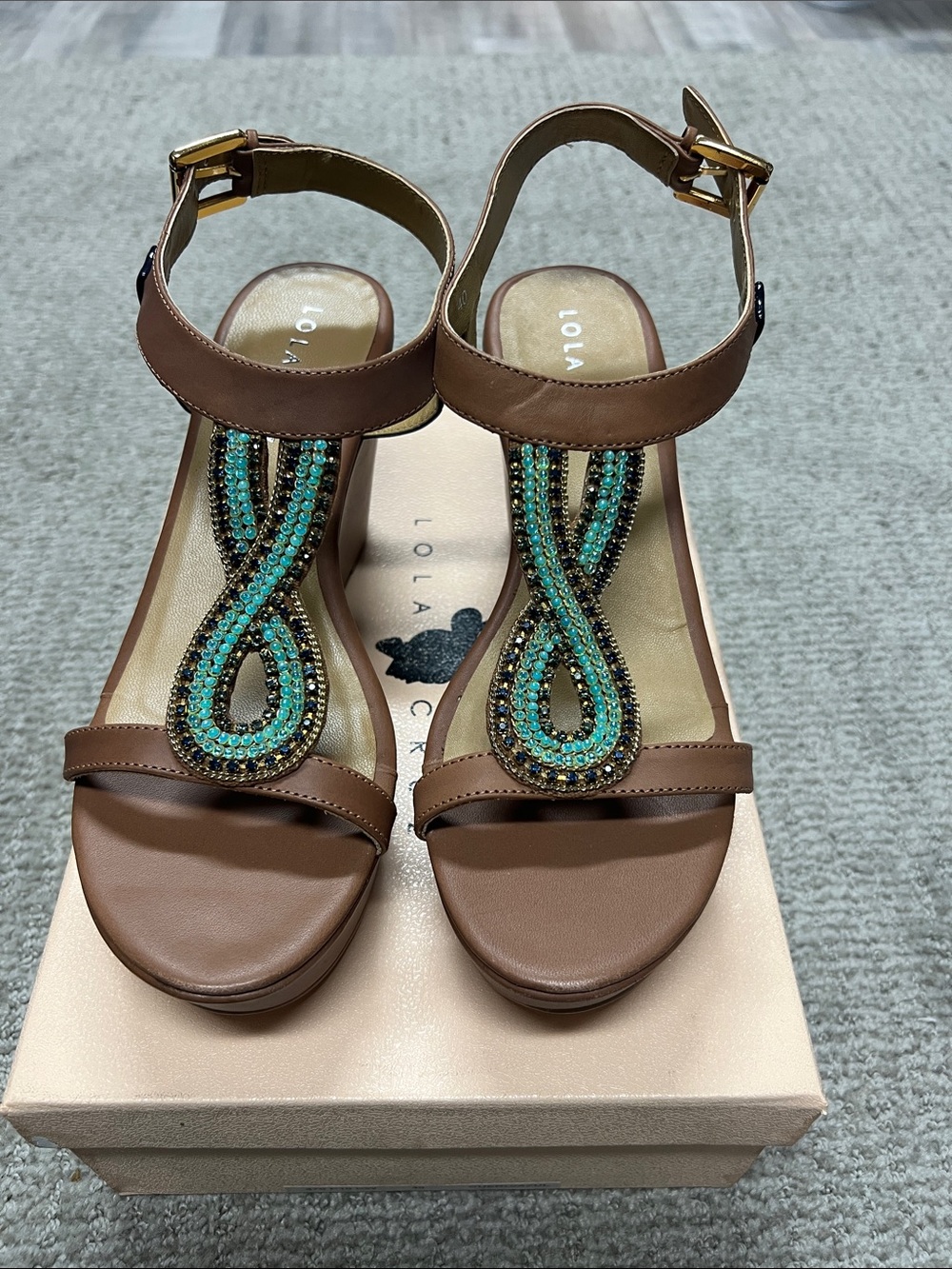 LOLA Cruz Brown Beaded T-Strap Sandals with Turquoise Accents